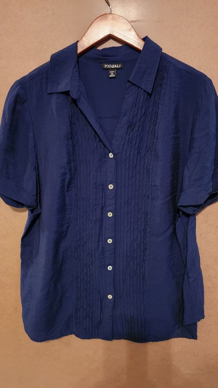 Roz & Ali Women's Plus 1X Royal Blue Short Sleeve Crinkle Blouse Top Wt60